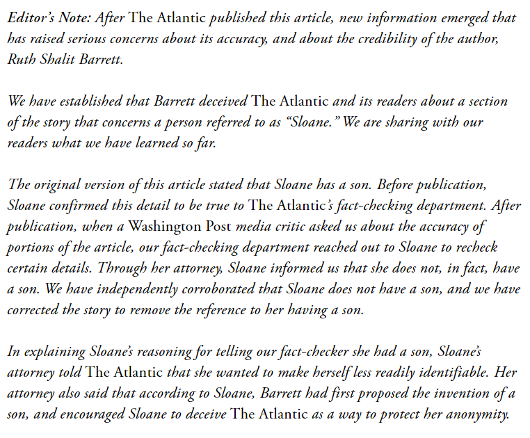 Late last night The Atlantic attached an editor's note to its story on niche sports, saying that author Ruth Shalit Barrett "deceived" the magazine about the central person in the narrative, a woman ID'd as "Sloane":  https://www.theatlantic.com/magazine/archive/2020/11/squash-lacrosse-niche-sports-ivy-league-admissions/616474/