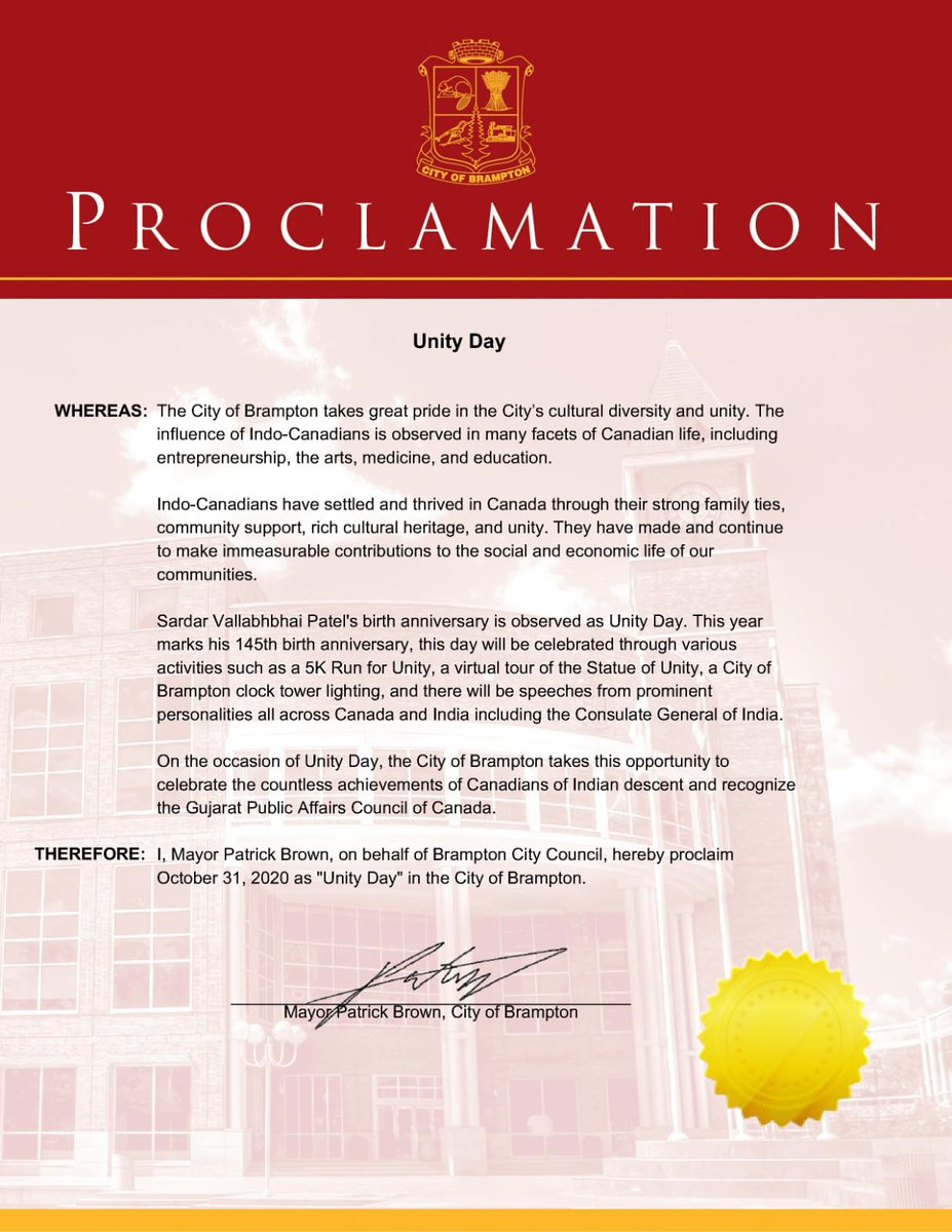GPACCanada's tweet photo. City of Brampton proclaimed 31st October as "Unity Day" in commemoration of the Iron Man of India, Sardar Vallabhbhai Patel. Thanks @patrickbrownont @Ajaybis @_apoorvasri @IndiainToronto @HCI_Ottawa @PMOIndia @sangharamesh @DeepakAnandMPP @fordnation @DipikaDamerla @anshumangaur https://t.co/qnxwps4taw