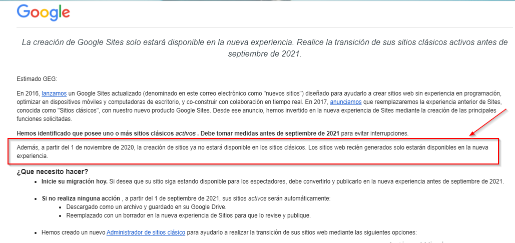 GEGEscobar's tweet photo. Además, a partir del 1 de noviembre de 2020, la creación de sitios ya no estará disponible en los sitios clásicos. #GoogleSites https://t.co/I7qxd9OkyF