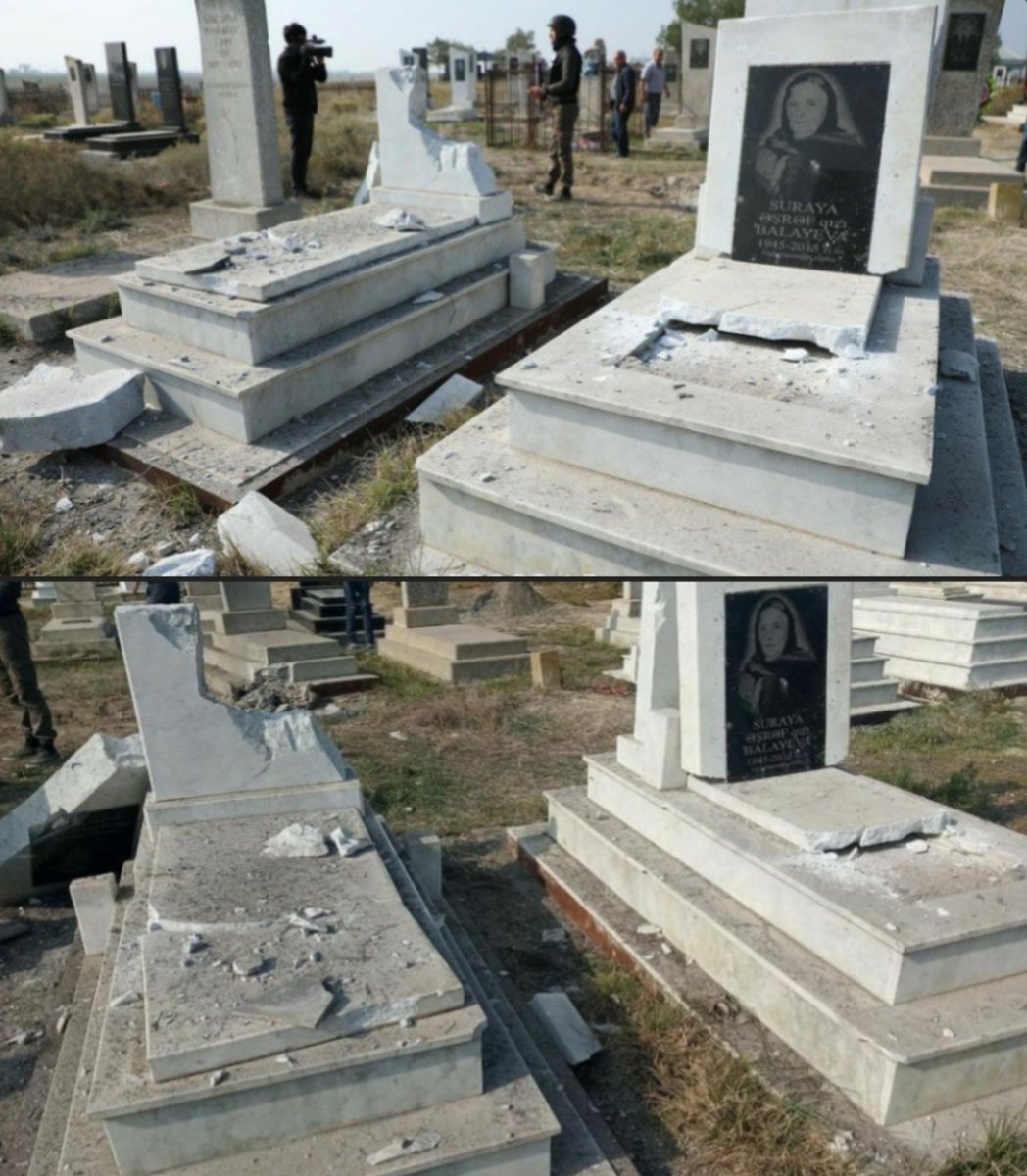 Another barbaric act against humanity. On Oct 31 #Armenia fired on the graveyard in the territory of #Aghjabedi, #Azerbaijan. #StopArmenianOccupation #StopArmenianAggression 
#KarabakhisAzerbaijan
#OMM2020