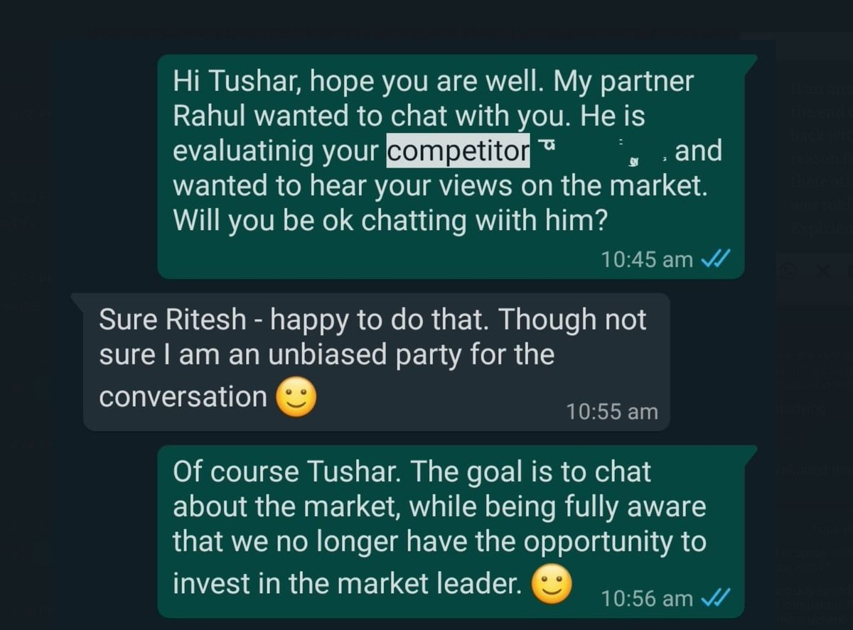 We also never speak to startups merely to do diligence on other deals. Here are some examples from my whatsapp of how we disclose potential conflicts up-front. Our reputation depends on this.