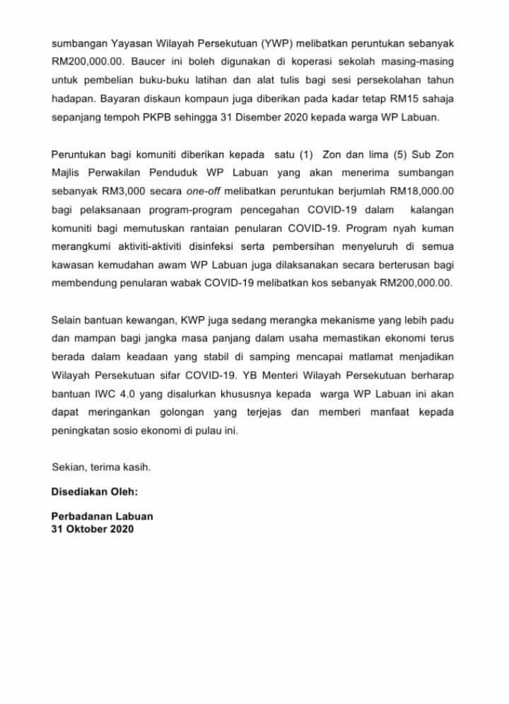 LabuanCorp's tweet image. YB Tan Sri TPr Annuar bin Hj. Musa,  Menteri Wilayah Persekutuan hari ini telah mengumumkan Inisiatif Wilayah Cakna 4.0 bagi warga Labuan yang berjumlah RM 2,072,755.00 melibatkan pelbagai jenis bantuan untuk golongan B40 dan miskin yang terkesan. 

#PerbadananLabuan
#KWPMalaysia