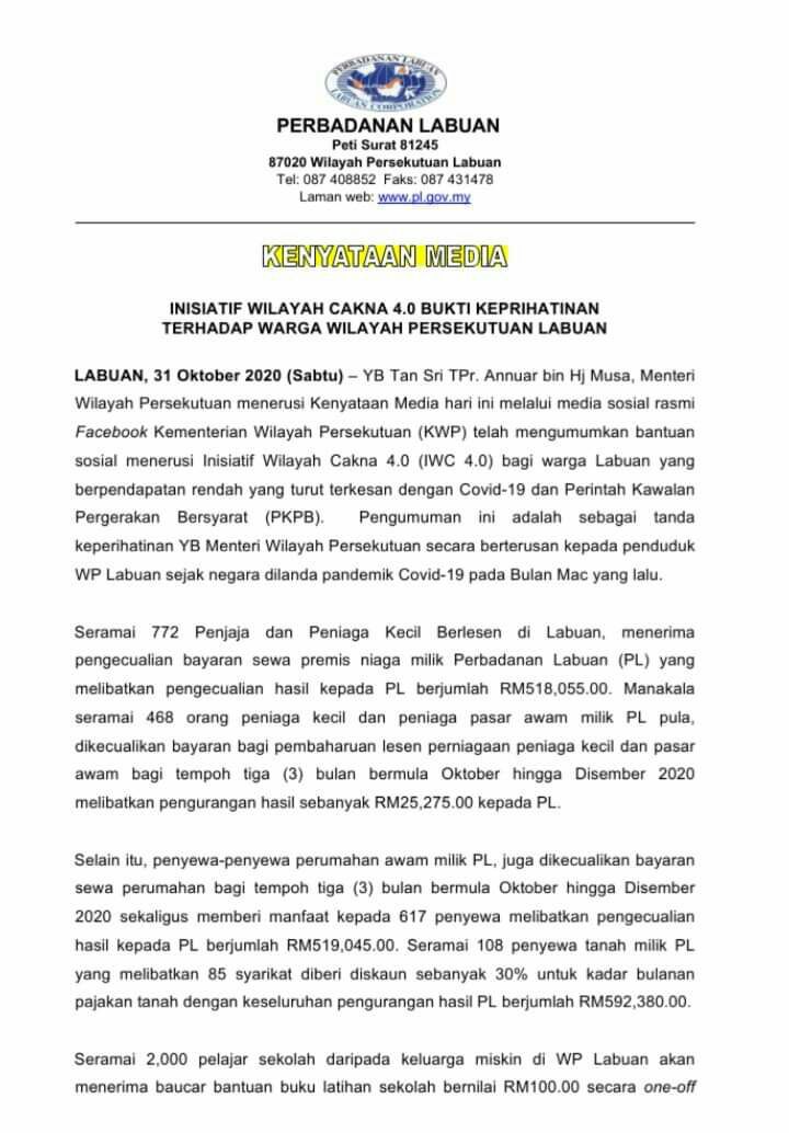 LabuanCorp's tweet image. YB Tan Sri TPr Annuar bin Hj. Musa,  Menteri Wilayah Persekutuan hari ini telah mengumumkan Inisiatif Wilayah Cakna 4.0 bagi warga Labuan yang berjumlah RM 2,072,755.00 melibatkan pelbagai jenis bantuan untuk golongan B40 dan miskin yang terkesan. 

#PerbadananLabuan
#KWPMalaysia