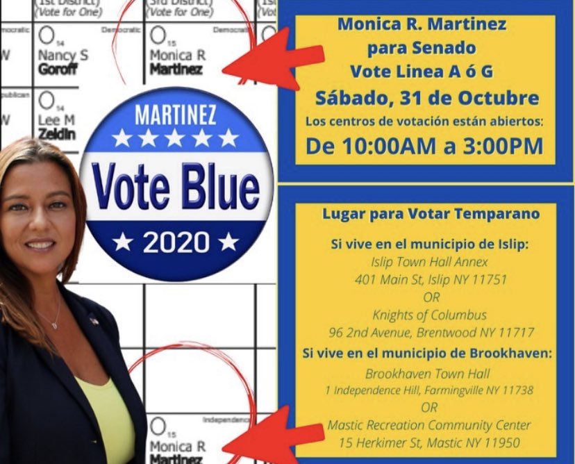 Kick off your weekend by getting out to VOTE! Early polling sites are open from 10:00AM - 3:00PM. Find an early voting location within your township and go and VOTE for Monica Martinez for State Senate on Row A or Row G! 🗳For more information: bit.ly/2TmQHMS