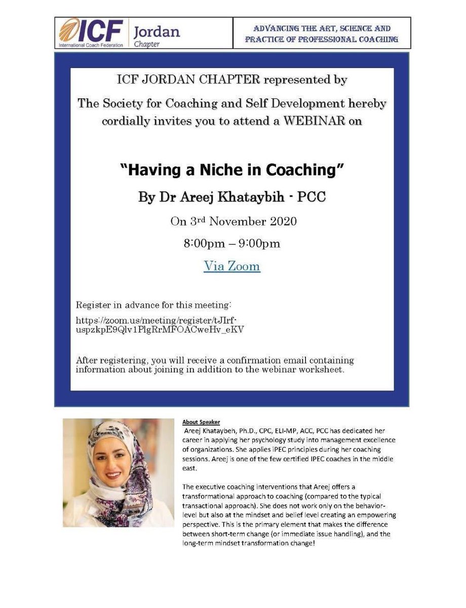 DoctorAreejK's tweet photo. 🔔Coaches around the world🔔
Glad to invite you to attend a webinar on “Having a Niche in Coaching”
Tuesday 3rd, Nov. 2020
8:00pm – 9:00pm Jordan time
Via Zoom:
https://t.co/STWxdiGdWs
Please register in advance for this meeting
@ICFHQ #ICFcoach #sparkback #webinar https://t.co/ga5efExBzB