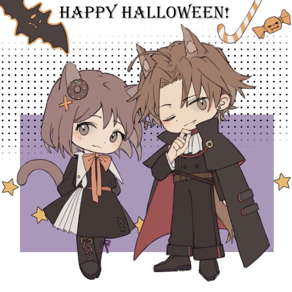 1girl 1boy animal ears happy halloween tail brown hair cat ears  illustration images