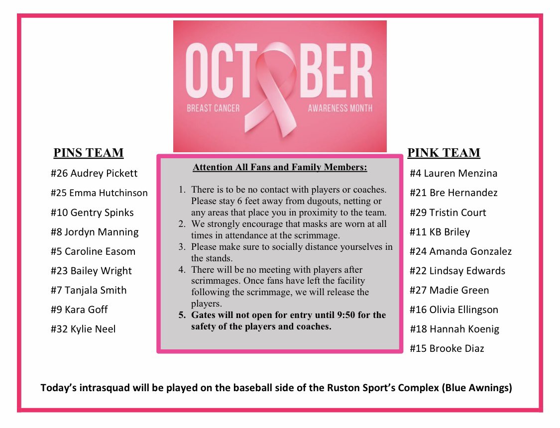 LATechSB's tweet photo. 🥎Intrasquad #3
👚Pink vs Pins
📅Saturday, Oct. 31st
⏰10:00 a.m.
📌Ruston Sports Complex (baseball side)
#ALLIN https://t.co/ht8GHMdTi8