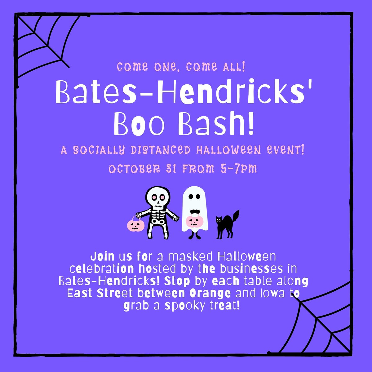 BatesHendricks's tweet image. Happy Halloween! Join us today at 5pm for Bates-Hendricks' Boo Bash!. Tables will be set up on both sides of East St between Orange and Iowa St.

ALSO! VFW Post 1120 has a trunk or treat and Clint Breeze has a concert on the 400 block of Orange St this evening!