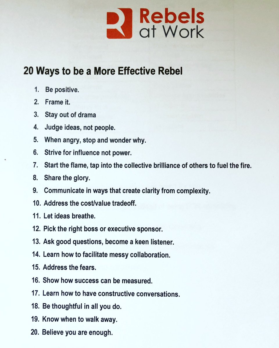 rebelsatwork's tweet photo. 20 ideas for being an even more effective Rebel.
#rebelsatwork #rejectmediocrity #fightcomplacency https://t.co/88r33F0Hwm