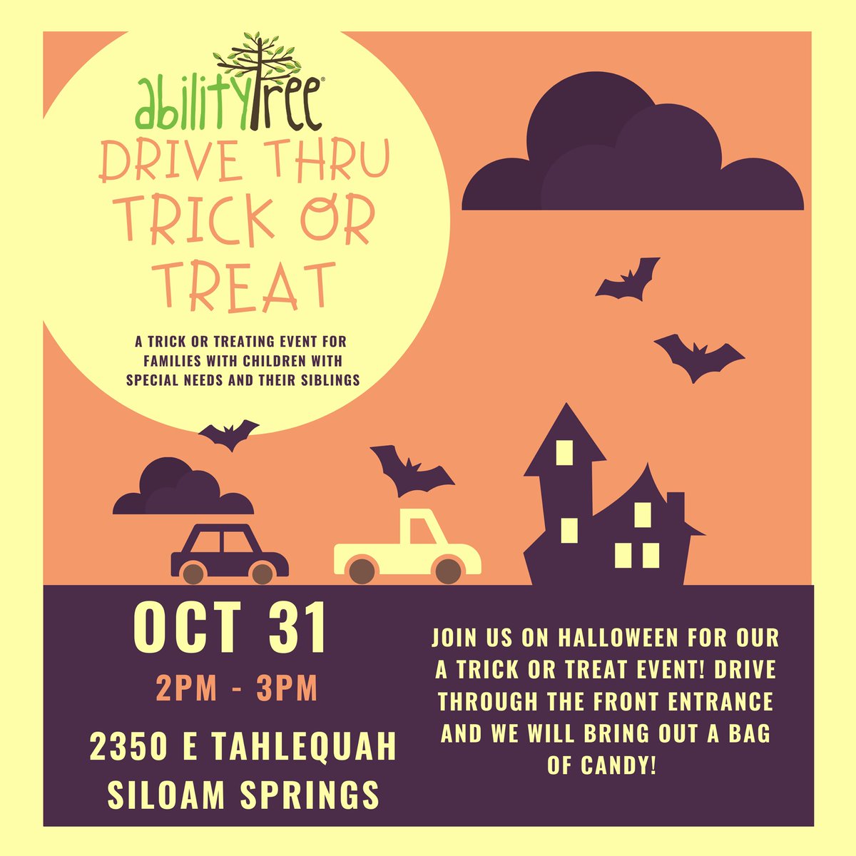 abilitytree's tweet photo. Happy Halloween!
We will be hosting a DRIVE-THRU TRICK OR TREAT event today from 2-3pm at Ability Tree! Hope to see some great costumes! Make sure to join us! #halloweensiloamsprings #specialneedshalloween #abilitytree #drivethroughtrickortreat
#siloamsprings #arkansas https://t.co/DmcI3Hapi9