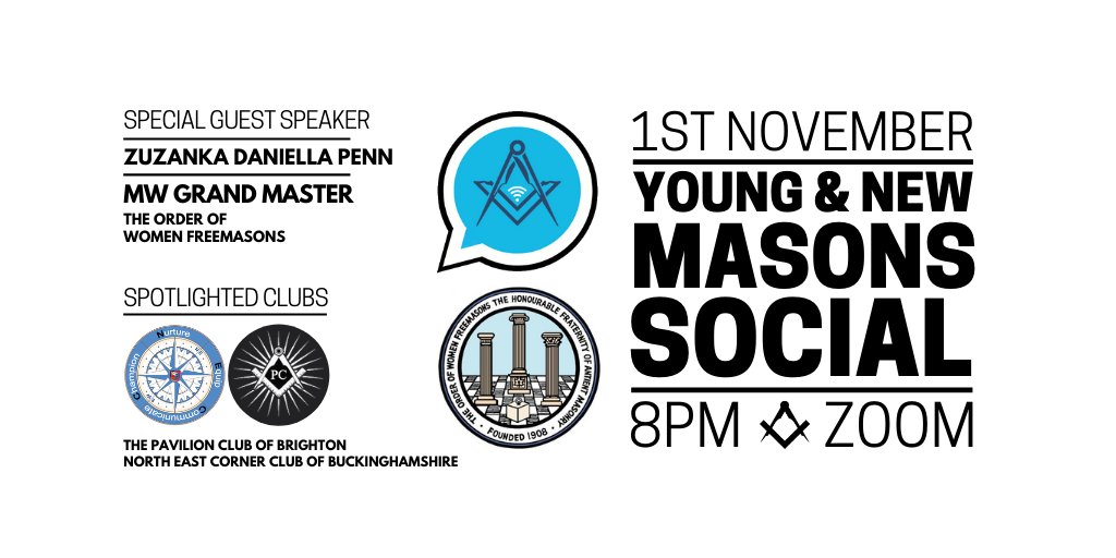 Join us tomorrow for the latest <a href="/MasonicSocials/">Young & New Masons Social</a>. We're delighted to be joined by <a href="/BucksNECC/">North East Corner Club</a> &amp; the Pavilion Club as our spotlighted clubs. 

Our special guest speaker for the evening is the MW Grand Master of <a href="/OrderWomen/">Order of Women Freemasons</a>, Zuzanka Daniella Penn.
.
#Freemasons