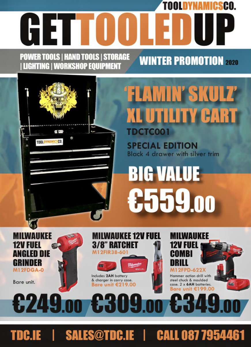 tooldynamics's tweet image. Our Winter #GetTooledUp promotion will be distributed next week. Ask for your copy. Includes our exclusive #FlaminSkulz XL Tool Cart. #Milwaukee power tools also included.