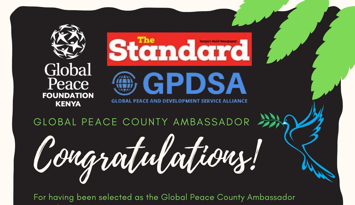 Thank you <a href="/GlobalPeaceKeny/">Global Peace Foundation Kenya</a>
<a href="/GlobalPeace/">Global Peace Foundation</a> for selecting me as your Global Peace County Ambassador for Garissa County (007). This will be another chance to involve more young people into peace building advocacy. 

We are the change we want in future #Youth 
<a href="/GPDSA_Africa/">Global Peace & Development Service Alliance</a> <a href="/sidchat1/">Siddharth Chatterjee 常启德</a>