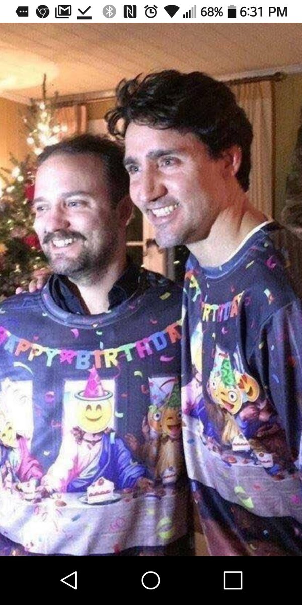 DeniseInCanada's tweet photo. Trudeau says that we cannot be blasphemous to the prophet mohammed and that we are not allowed to mock mohammed with mohammed cartoons. He says that it is islamaphobic.

But Trudeau is wearing a sweater that not only mocks Jesus, but also the last supper, and Christmas. 

@Ayaan https://t.co/O4WJBsaoBT