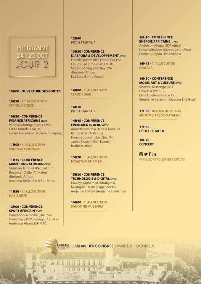 BUSINESS AFRICA, nous étions prêts hier et nous serons prêts demain 💪🏿 

Pour rappel, voici le programme de cet événement qui s’annonce grandiose 🔥

Pour réserver ta place 👉🏾👉🏿 billetweb.fr/business-afric…