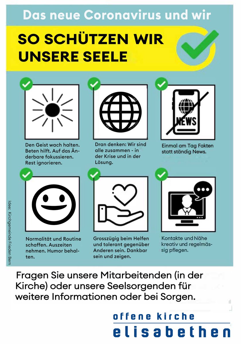 Regeln für die Seele: Wir hier in der <a href="/OffeneKirche/">Offene Kirche</a> haben das Poster von <a href="/ChristianWalti/">Christian Walti</a> und der Friedensgemeinde Bern etwas angepasst. #Coronaregeln #Corona #StayHealthy  #seelischegesundheit