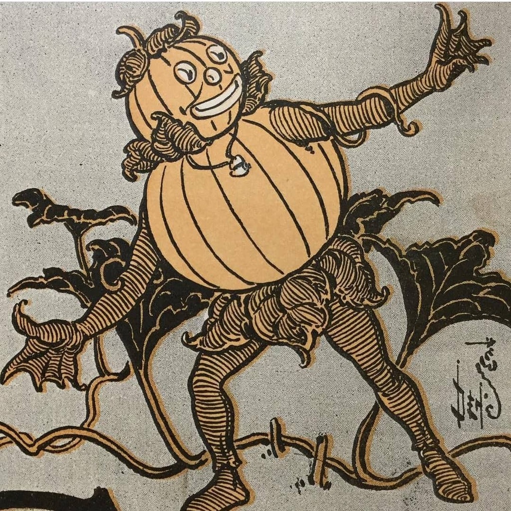 jordan_library's tweet photo. Happy Halloween! Need some last minute #halloweencostume inspiration? We give you: Pumpkin Man! Apparently being a pumpkin person means you have webbed hands??? This is just one of many illustrations by W.W. Denslow in “The Pearl and the Pumpkin” (1904).… https://t.co/pTWiAXC1EM https://t.co/dop7p7wLxV