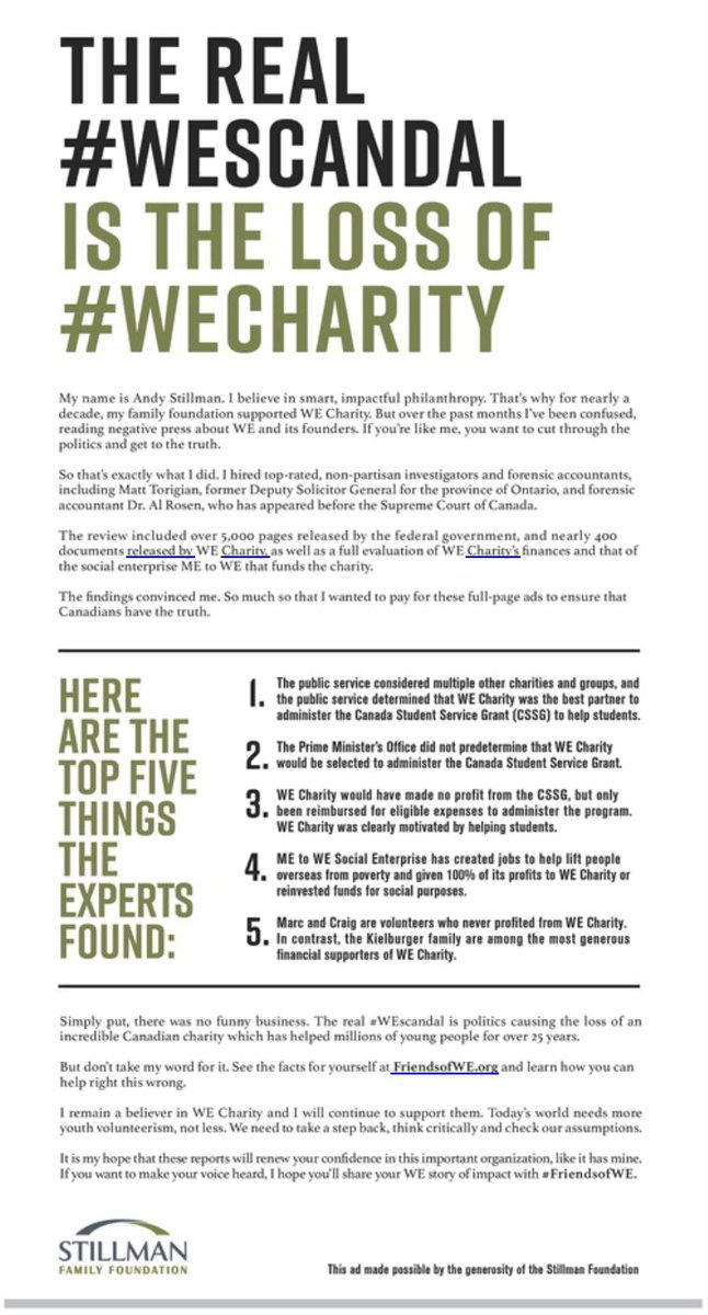 JesseBrown's tweet image. Instead of a public inquiry into corruption, hire your own judge and accountants to exonerate you based on evidence you provide. 

Instead of talking to reporters, buy full-page ads in papers across the country. 

The privatization of public accountability. 

#WEScandal