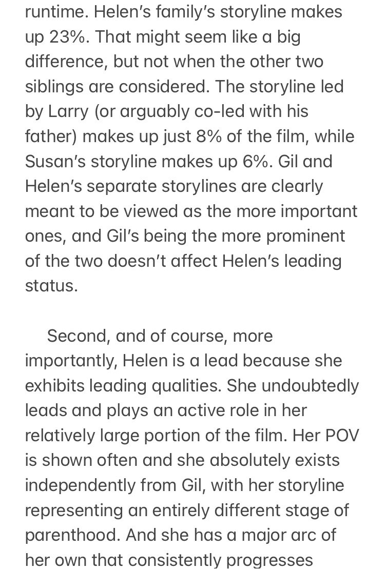 55. Dianne Wiest (Parenthood)Nom S, belonged in LScreen time: 19.77%Helen is a bonafide secondary lead, and, under the binary system, I say she belongs in the leading category. (Further explanation attached.)
