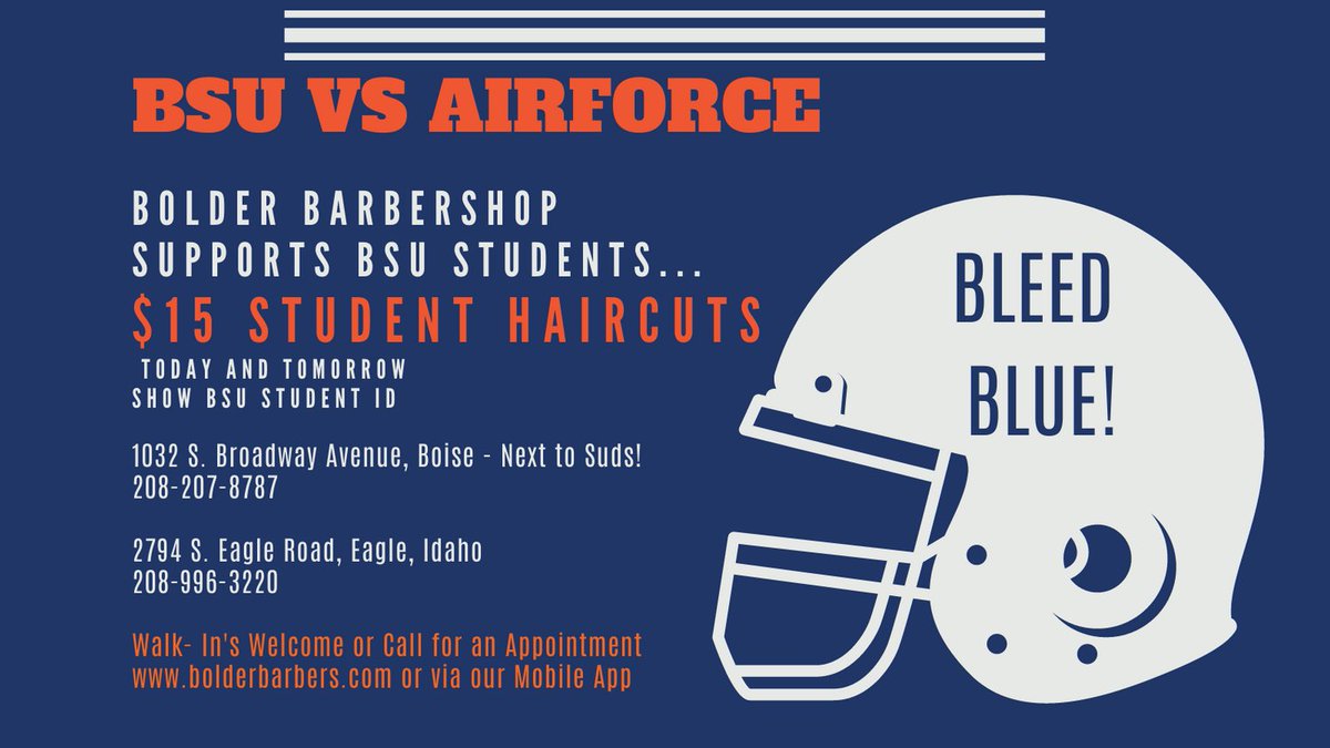 GAME DAY!  Let's Go Broncos!
$15 Student Haircuts today and tomorrow, at our Boise and Eagle Shop - show BSU ID
bolderbarbers.com
#bleedblue #boisebroncos #bebold #beboldchaselife #stayboldidaho