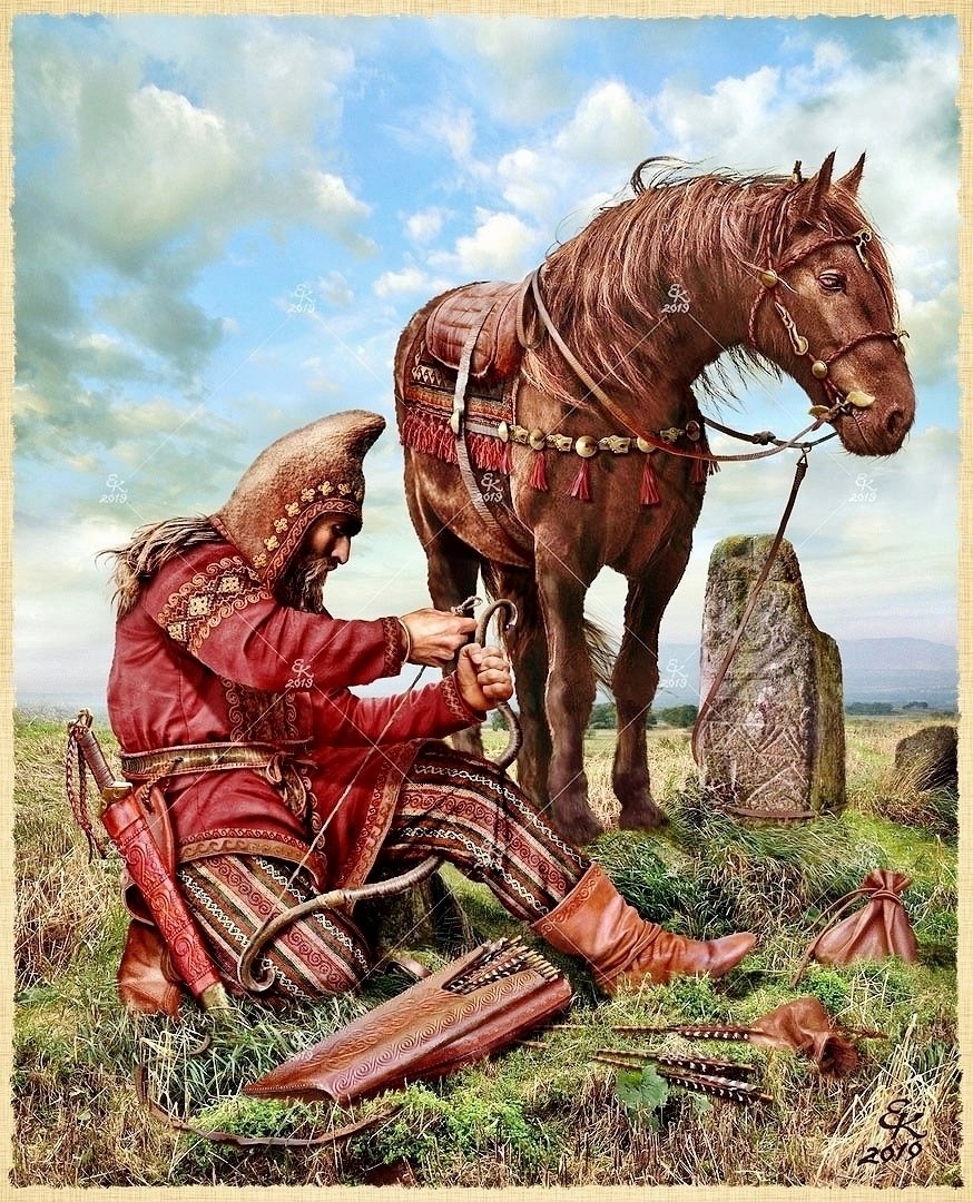 Scythian warrior of the Paralatae (Royal Scythians), nocks his bowstring, Northern Pontic littoral, Vth C. BCA Scythian warrior's send-off to his campaign, Paralatae (Royal Scythians), Northern Pontic littoral, VIth - Vth C. BC