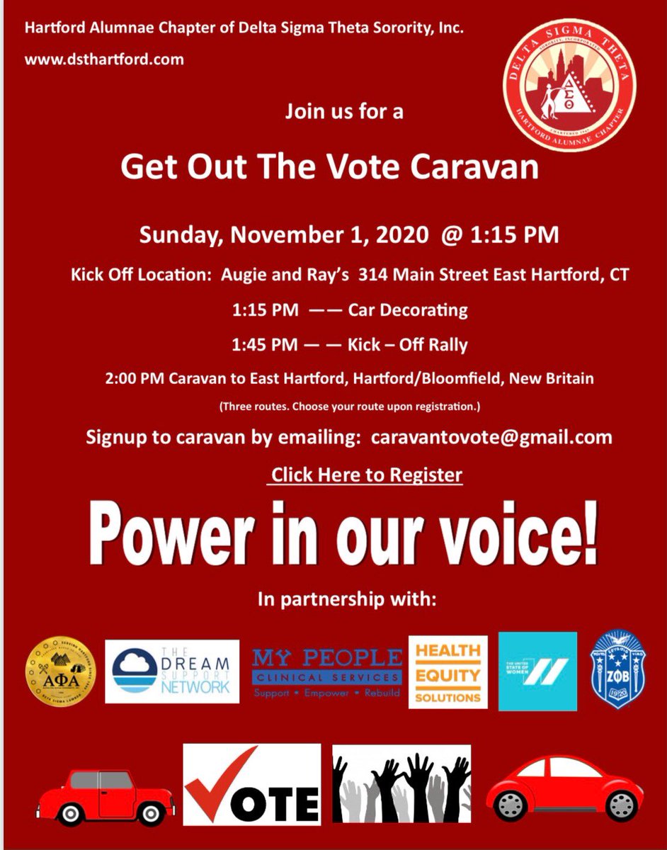 dsthartford's tweet photo. Join Hartford Alumnae Chapter of DST for a Get Out The Vote Caravan on Sunday, Nov 1 @ 1:15 pm. Choose 1 of 3 towns to mobilize voters!! To register please sign up by emailing caravantovote@gmail.com
#PowerInOurVote
#PowerInOurVoice
#GetOutTheVote 
#DSTVote 
#HACDST https://t.co/p3Vj0I4Yzv