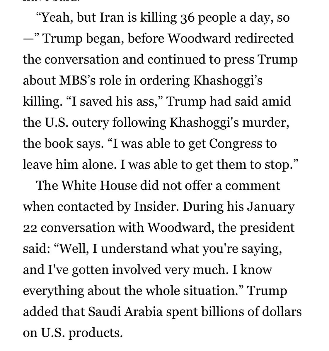 10~ bragged to Woodward about saving Saudis MBS ass after brutal murder & dismemberment of WAPO journalist. photo “if you’re a hostile dictator looking to get away w/murder You know who to call. Also Trump it’s about $$$