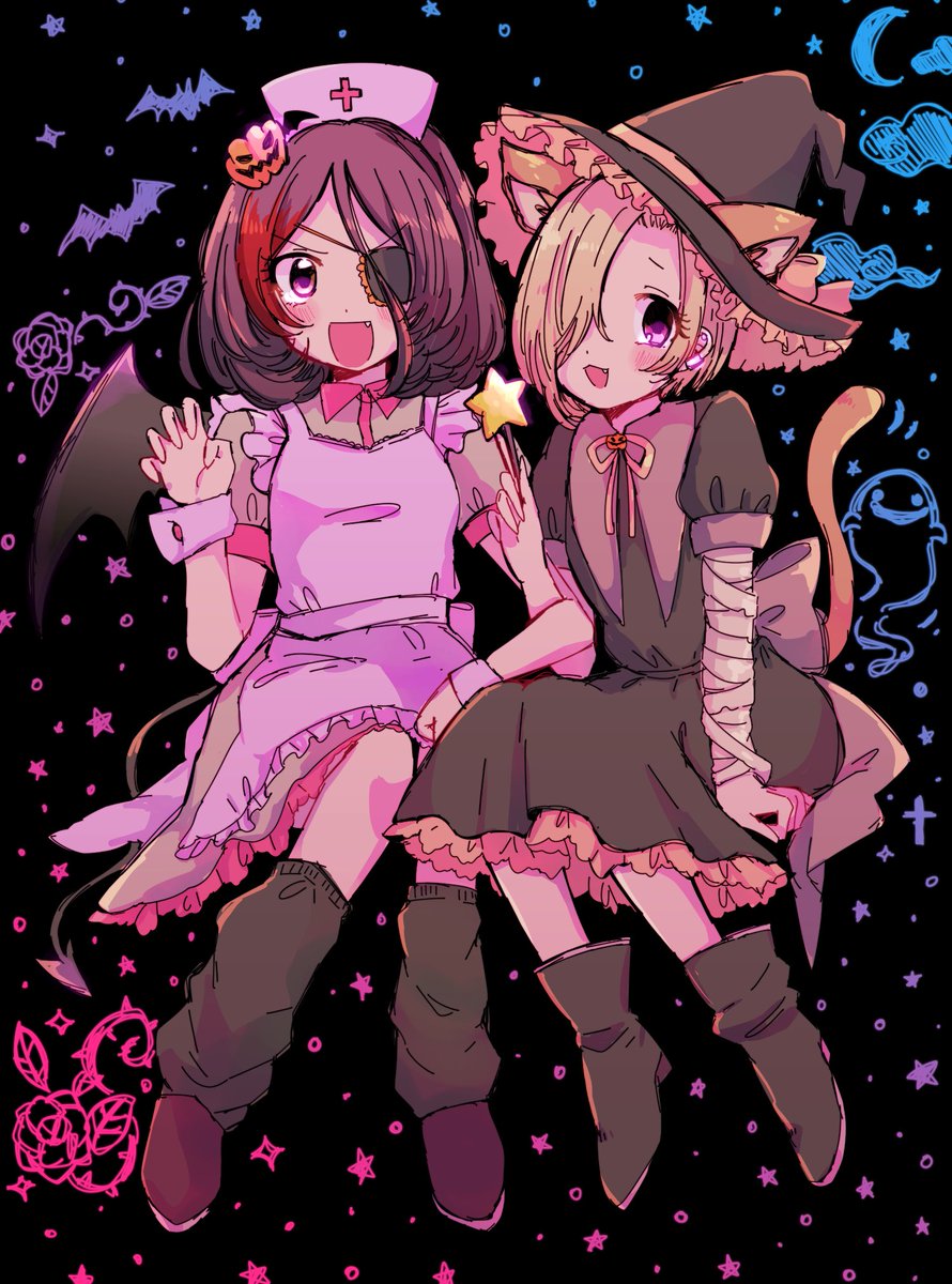 hayasaka mirei multiple girls 2girls hat animal ears tail witch hat cat ears  illustration images