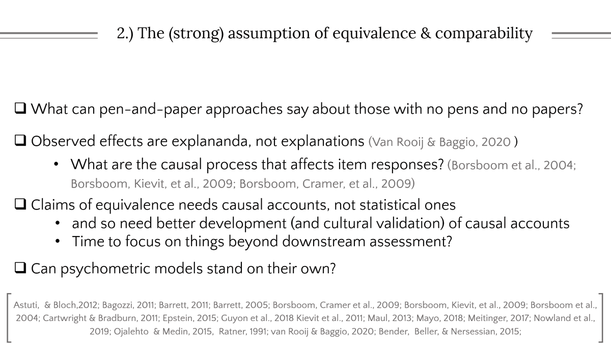 2.) cross-cultural psych has the strong assumption of equivalence and comparability. This is whole different large thread, but watch  for thoughts on psychometrics and culture (and what pen-and-paper approaches can say about those with no pens & no papers)
