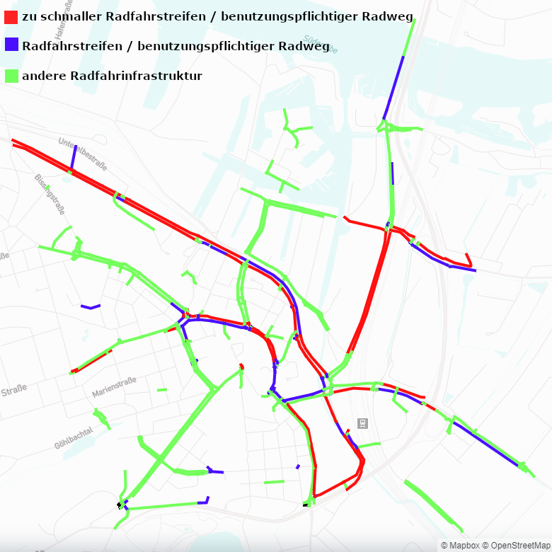 Lergin_'s tweet photo. Die Radfahrinfrastruktur in #Harburg nach Daten der Urban Data Platform Hamburg
#Radweg #Benutzungspflicht #Verkehrssicherheit #ITSMoinHack
Zu schmal: die Mindestbreite nach VwV-StVO ist unterschritten https://t.co/5YfuqkOafB