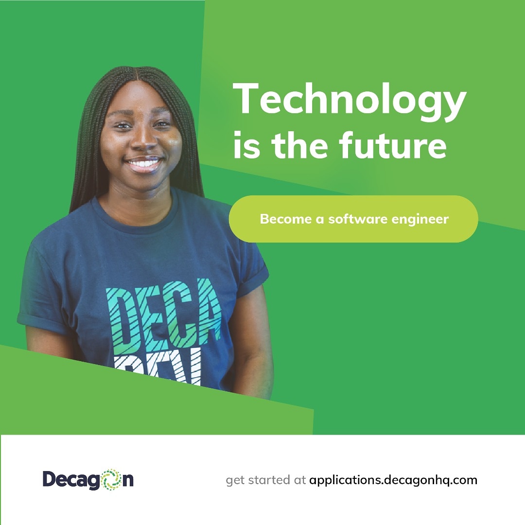 Learn to code in 6 months.we  provide laptops/internet/ accommodation/24 hours electricity/feeding/health insurance &amp; monthly pocket money for the duration on your learning at no upfront cost. Visit
applications.decagonhq.com to apply 

#techcareer #techjobs #techbroh #girlswhocode