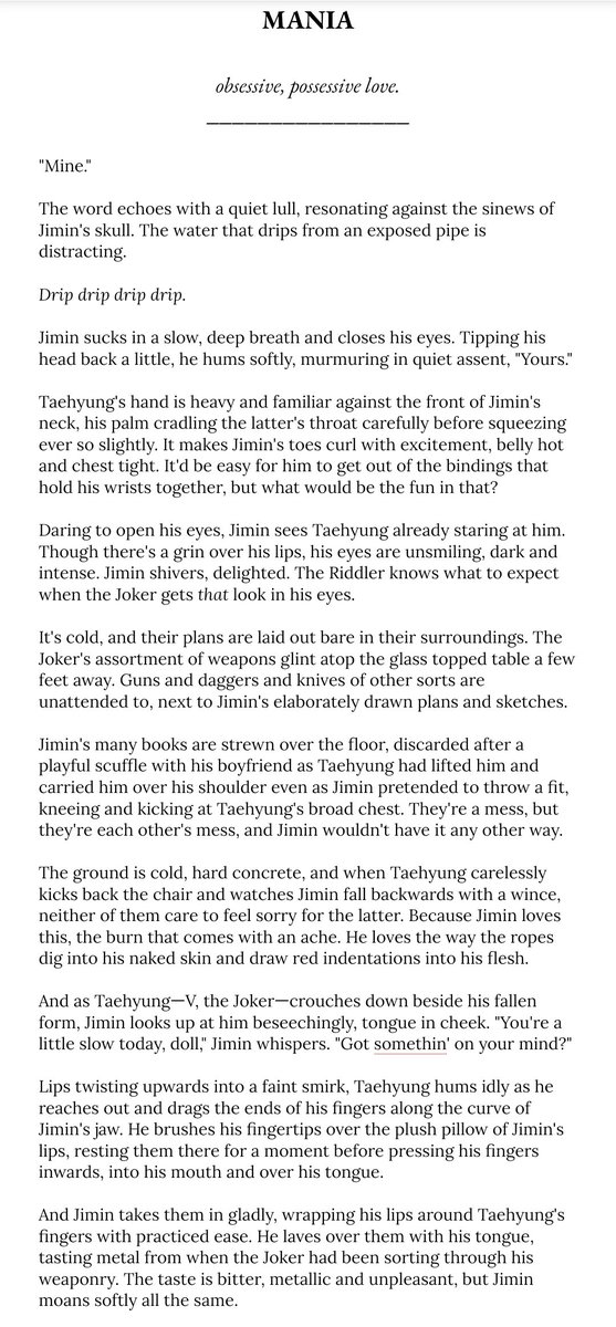 vmxn__'s tweet photo. #vmin โข #vminweek2020
day 7: mania โข joker!taehyung x riddler!jimin au
tags & cw // obsessive love, implications of a toxic relationship, shibari, jealousy https://t.co/is5gFxEHnJ