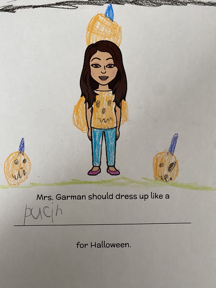 Garman_Kinders_'s tweet photo. My new favorite Halloween writing activity! The Ss were asked to dress Mrs. Garman for Halloween and sound out my costume. They did not disappoint! 🤣 @WillowvilleE https://t.co/XsoHaY71Rg
