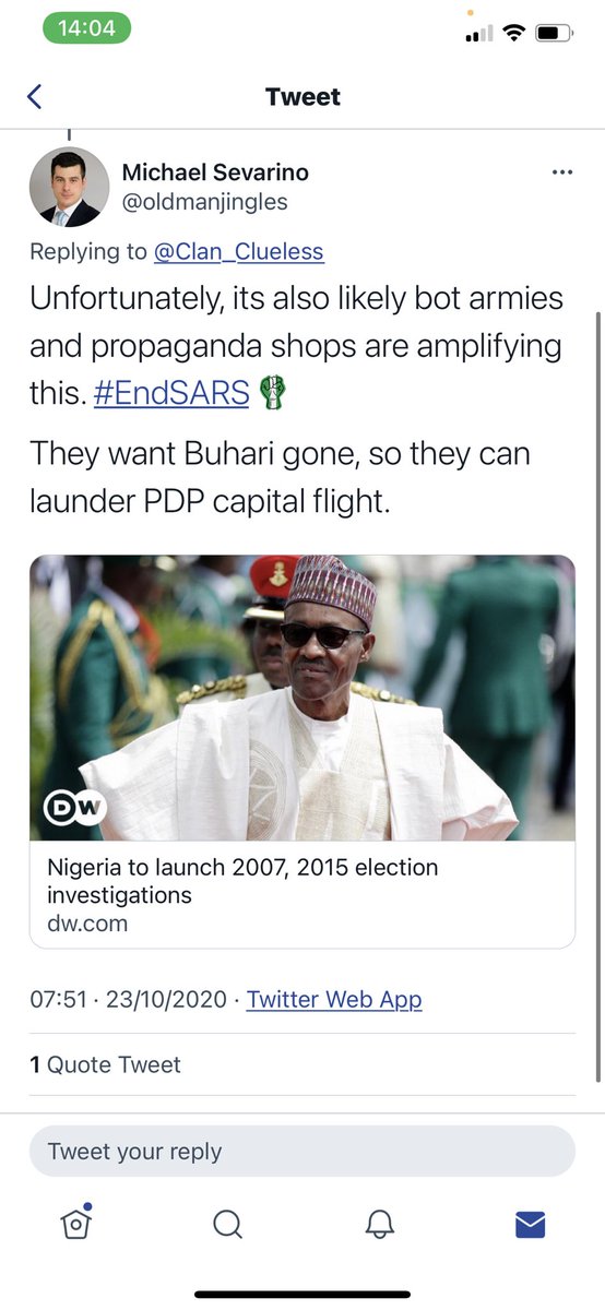 Here is  @oldmanjingles on  #EndSARS   claiming it is a propaganda to bring Buhari down using bot armies