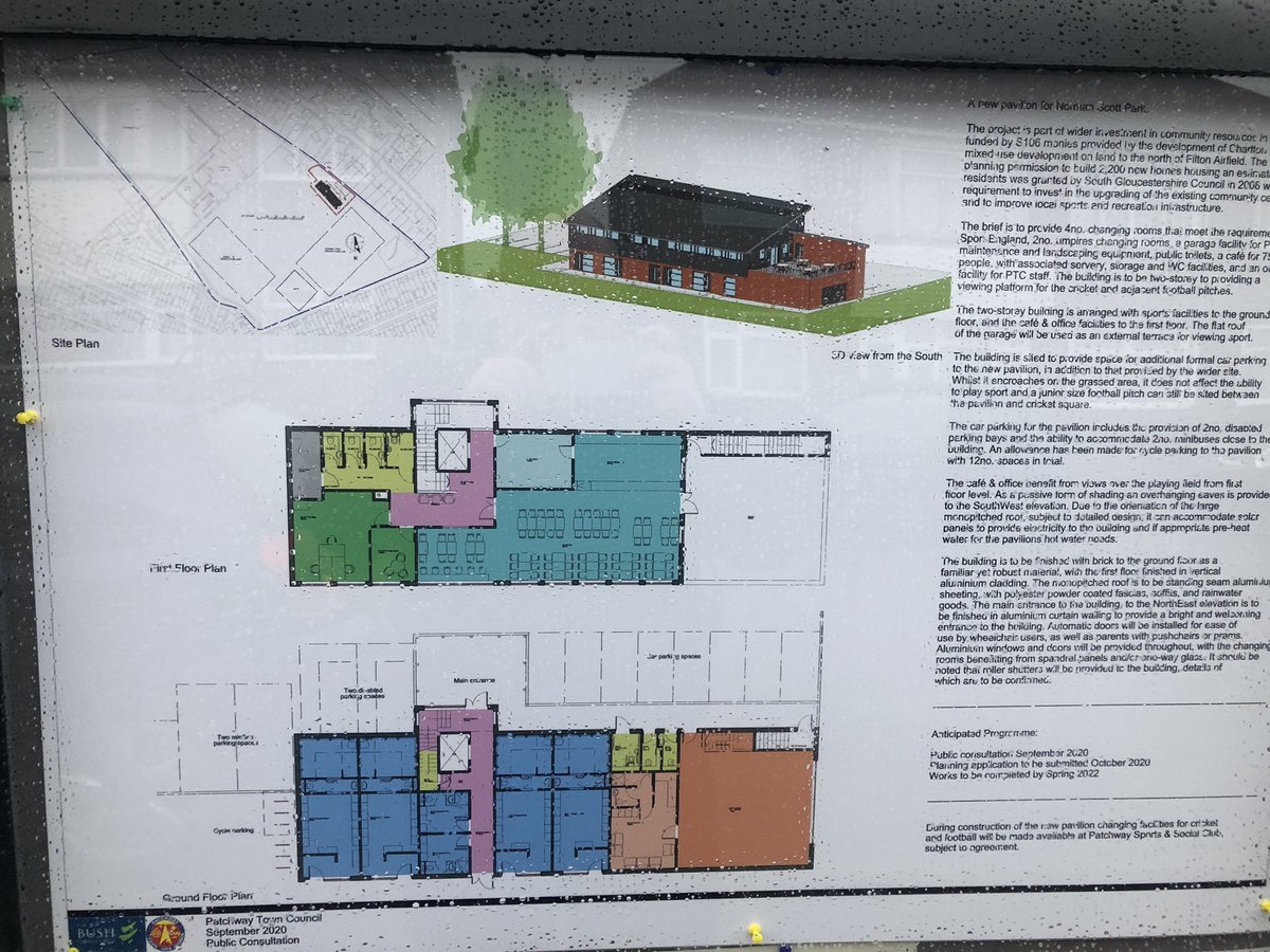 Patchway_ReACH's tweet photo. Just outside the Patchway Offices, plans and drawings for the new Pavilion in Scott Park are now on display! - brand new community facility and a great addition to Charlton Hayes. Will include a new community cafe for 75 people, with a viewing platform, inc rooms and office space https://t.co/gb8DRVRKHi