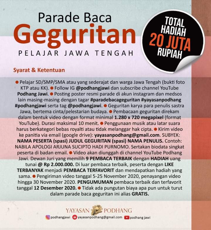 Melu menginformasikan. Sapa ngerti ana dulur sing minat. Dadi aja cilik atimu. Ngrumati sastra Jawa kuwi mesthi ana ganjarane. Rejekine teka dhewe. Rejeki mung teka marang wong sing utun.