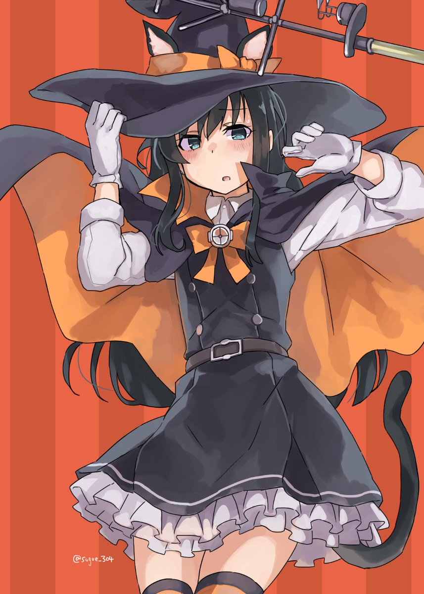 asashio (kancolle) ,asashio kai ni (kancolle) 1girl long hair black hair solo animal ears hat witch hat  illustration images