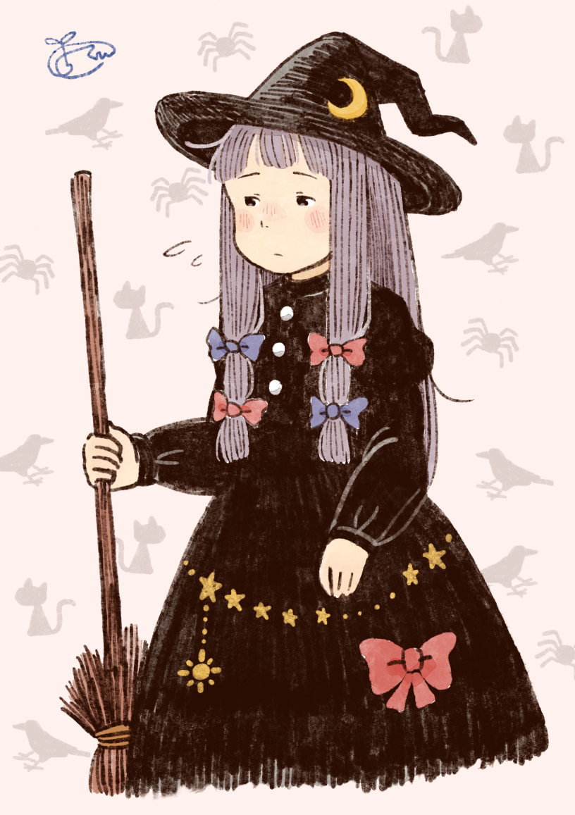 patchouli knowledge 1girl hat crescent solo broom witch hat dress  illustration images