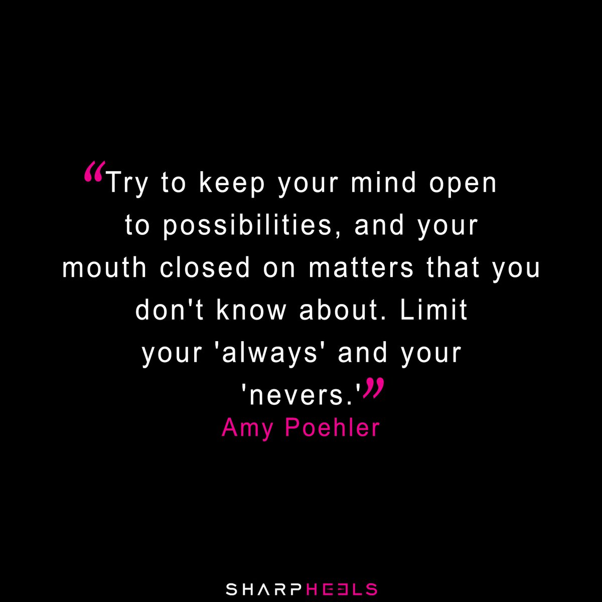 SharpHeels's tweet photo. "Try to keep your mind open to possibilities, and your mouth closed on matters that you don't know about. Limit your 'always' and your 'nevers.'" - #AmyPoehler
#Sharpheels #BeOpenMind #OpenYourMind #WaitForPossibilities https://t.co/C1km6iYIrU