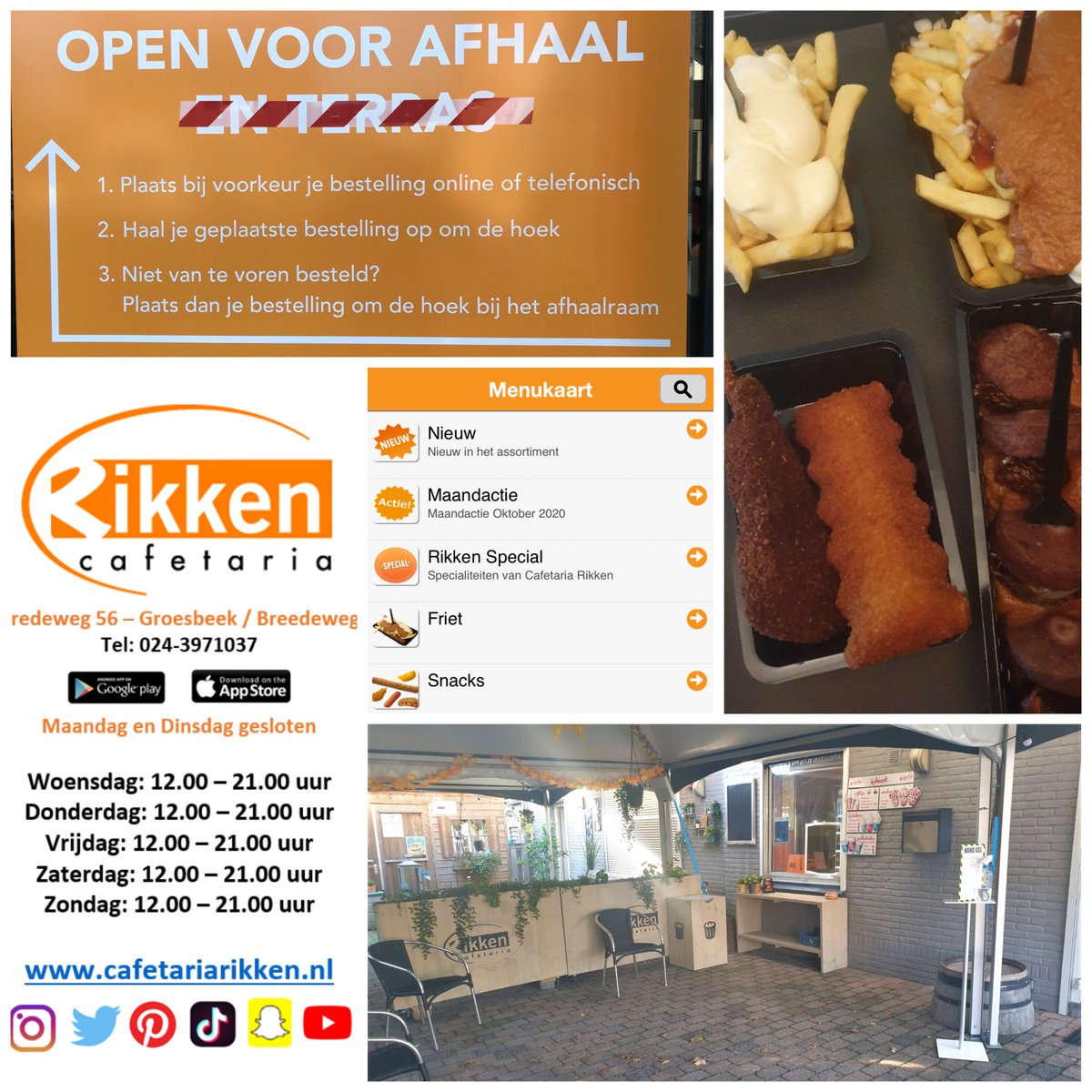 Cafetaria Rikken is geopend tot 21.00 uur voor afhalen.

#cafetaria #cafetariarikken #groesbeek #breedeweg #geopend #openvoorafhaal #afhalen #afhaalgroesbeek #bredeweg #friet #snacks