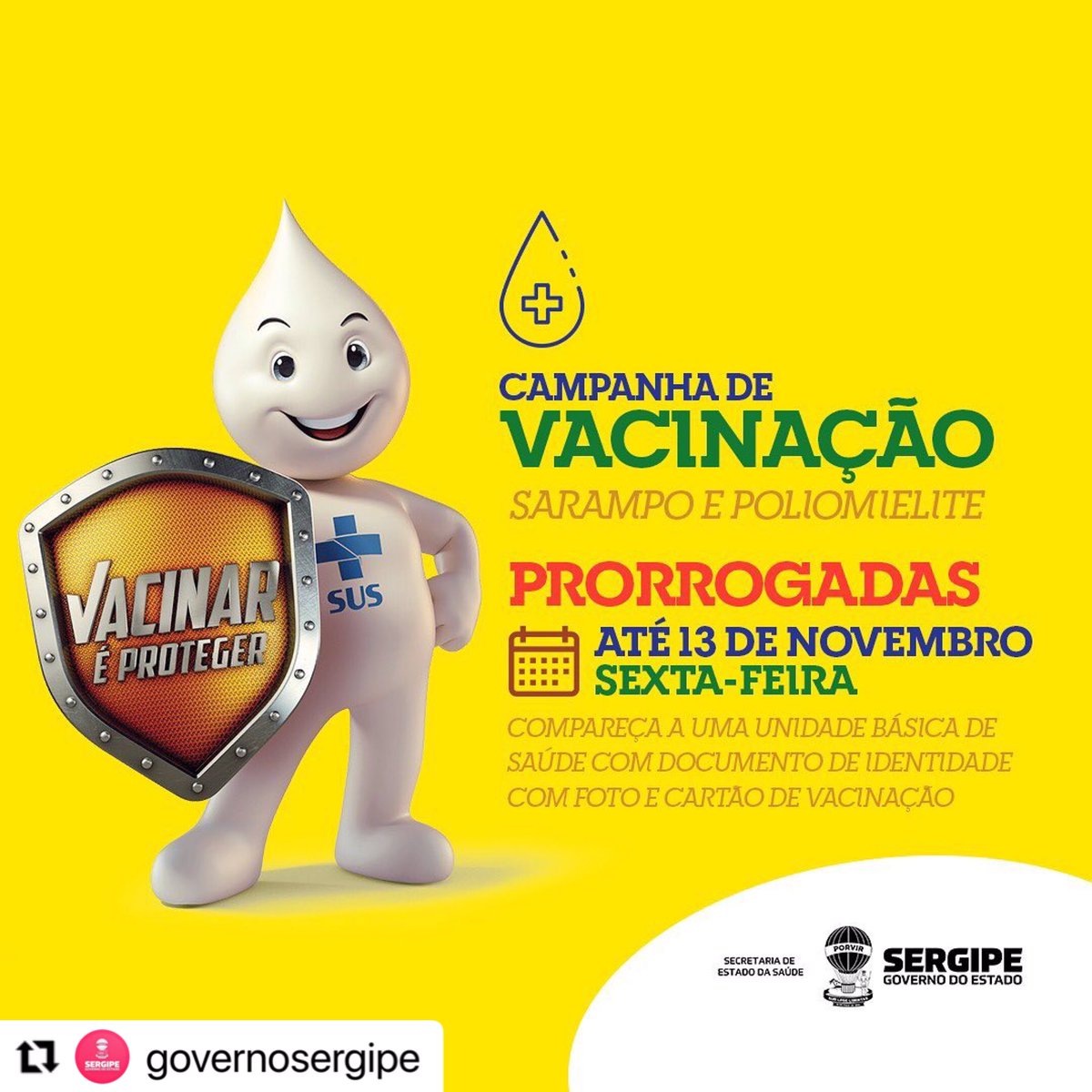 ipesaude's tweet photo. #Repost @governosergipe with @make_repost
・・・
As campanhas de vacinação contra o sarampo e a poliomielite foram prorrogadas! Adultos e crianças têm até o dia 13 de novembro para se imunizar contra estas doenças.

#VacinarÉProteger https://t.co/HwKfORawP7