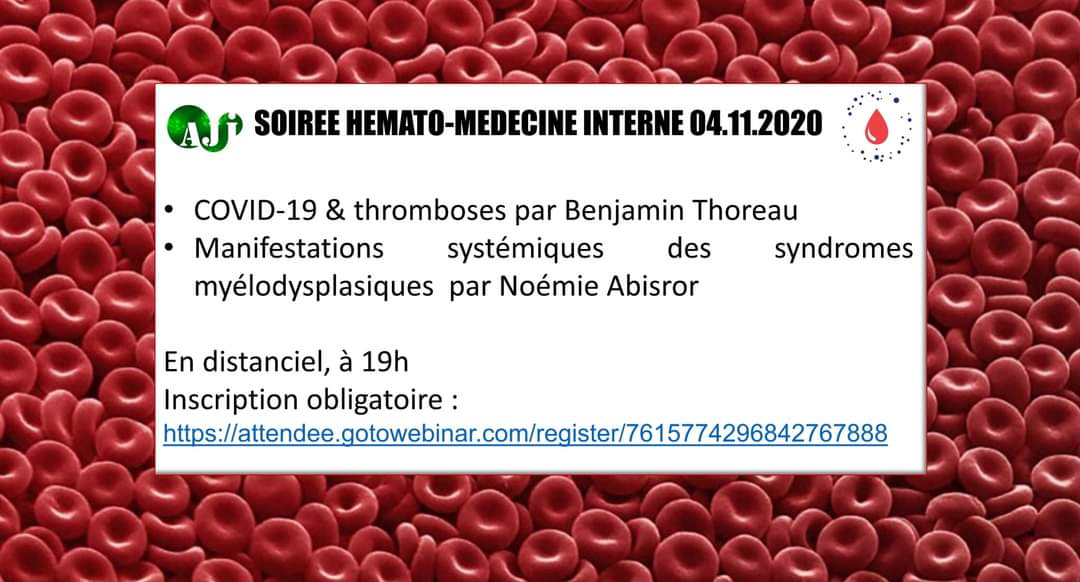 AJInternistes's tweet photo. 📒 Save the date 📒

Mercredi soir aura lieu (en distanciel bien sur 💻) la soirée hématologie-médecine interne avec @AIHemato

En guest : @ThoreauBenjamin

Inscription : https://t.co/PgI5M54OlG

~ 25 à 30 minutes par présentation 👨‍⚕️👩‍⚕️

Et bon courage à toutes et tous pour Lundi https://t.co/KAp7njCUMV