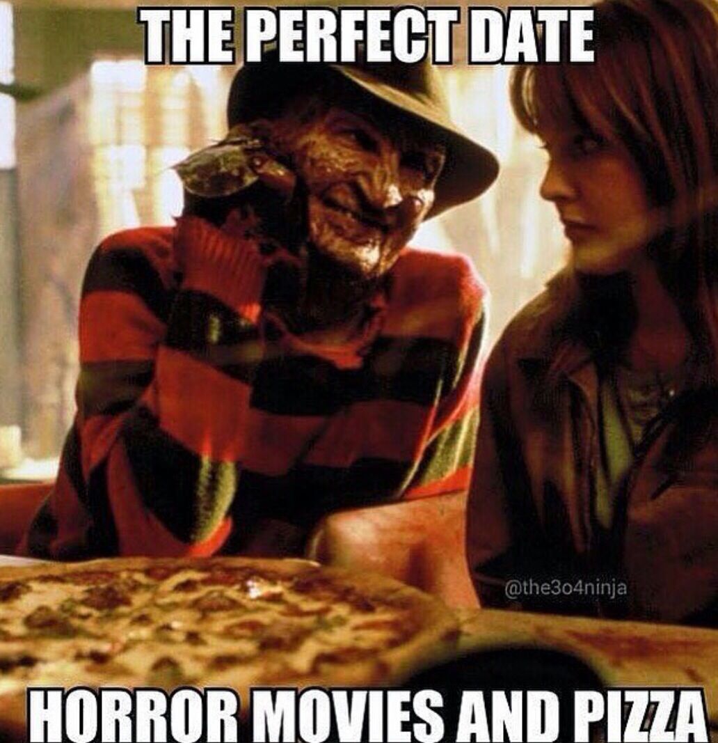 Sounds like the perfect Halloween to us! Take advantage of our 2 medium 1 topping pizzas before it's gone tomorrow!  (whether you have a date or not ;) )