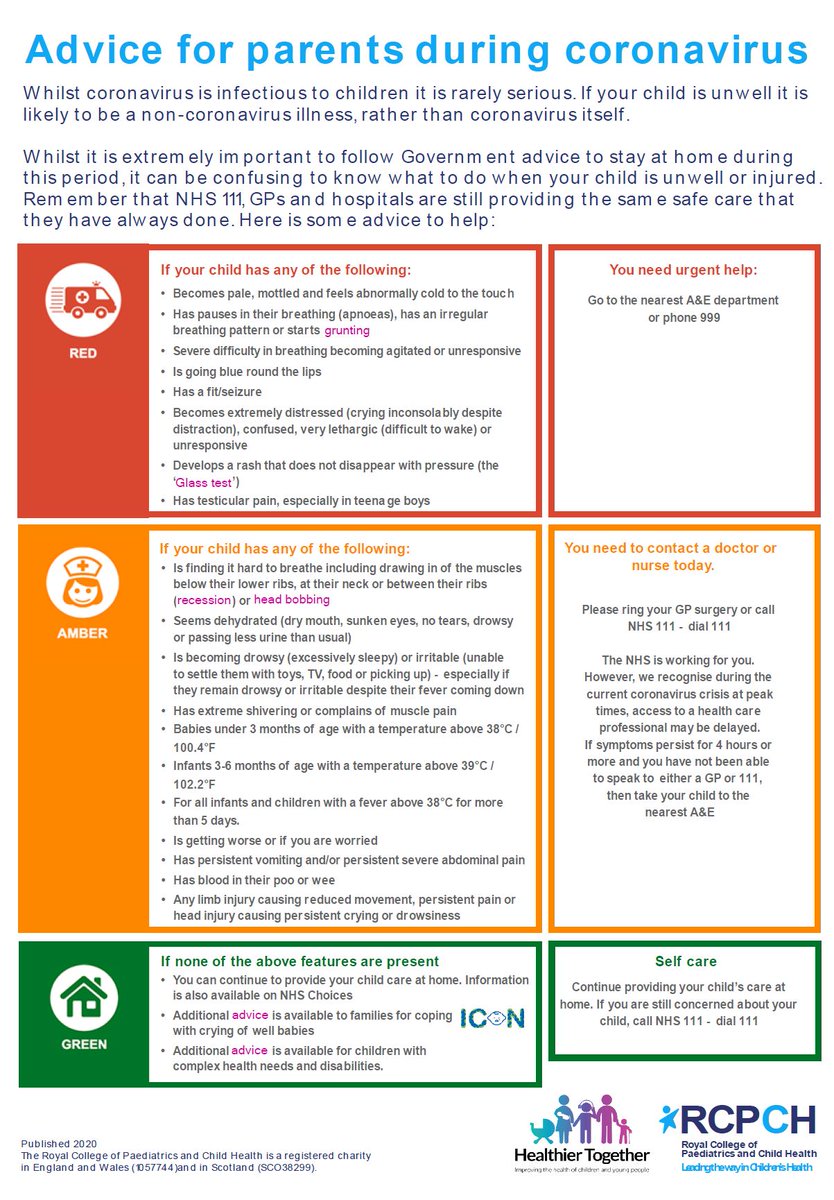 If you are looking for something to share with parents with advice on what to do if your child is unwell  @Health_2gether and  @RCPCH created an advice sheet and some FAQs7/n