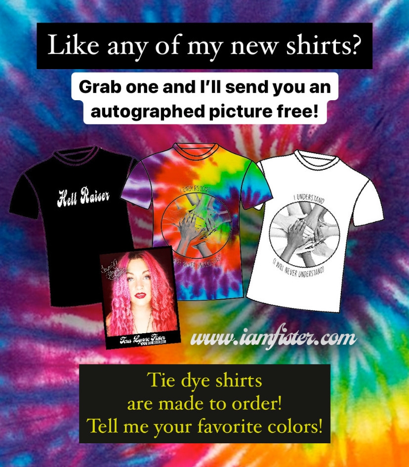 Check out my new shirts!  Grab a shirt and get a free autographed picture!  Tie Dye shirts are made to order - tell me your favorite colors! 
To order: bit.ly/3kMN26Q 
(enter colors for your custom shirt at checkout)