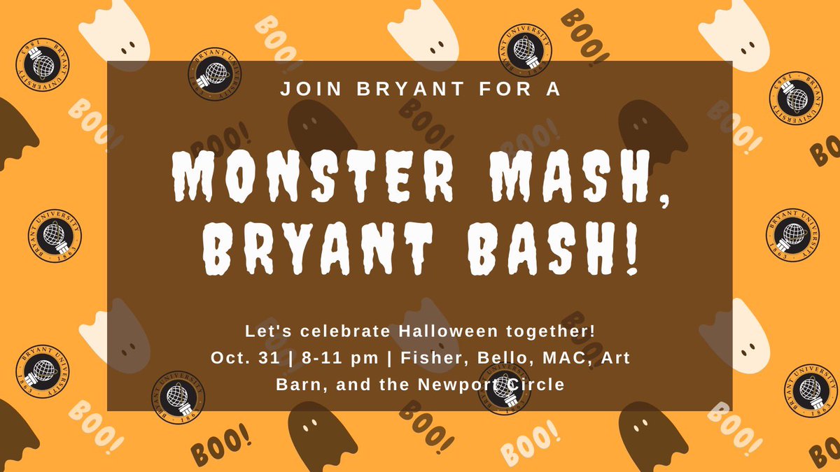 Halloween is upon us and you are invited to a socially distanced celebration tonight.
 
Highlights include food trucks, glowing pumpkin patch, giant board games, spooky yellow brick road, and more! 
 
Check in at Fisher and receive a Monster Mash, Bryant Bash trick or treat bag!
