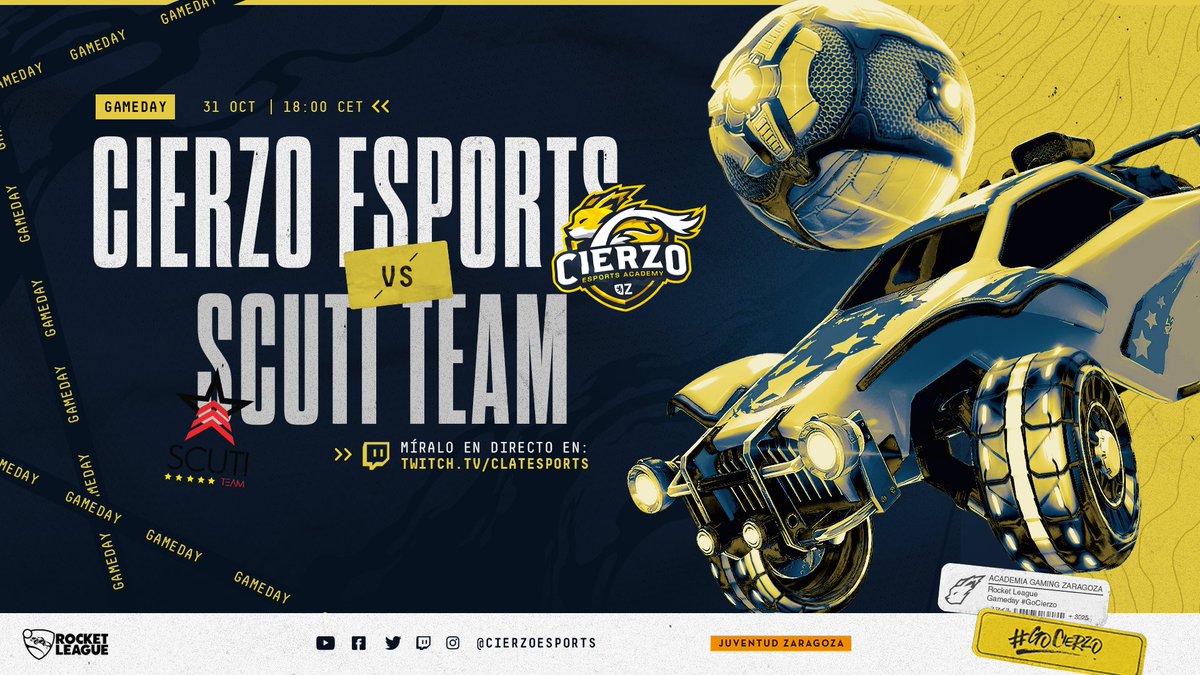 #GAMEDAY 

Esta tarde tenemos en directo el tercer enfrentamiento de #RocketLeague de la <a href="/GoldenDustCup/">Golden Dust Cup</a> #RisingStars ⚡️

⏰ 18:00
🆚 <a href="/ScutiTeam/">Scuti Team</a> 
📺 twitch.tv/clatesports
<a href="/CLATesports/">CLAT Esports</a>