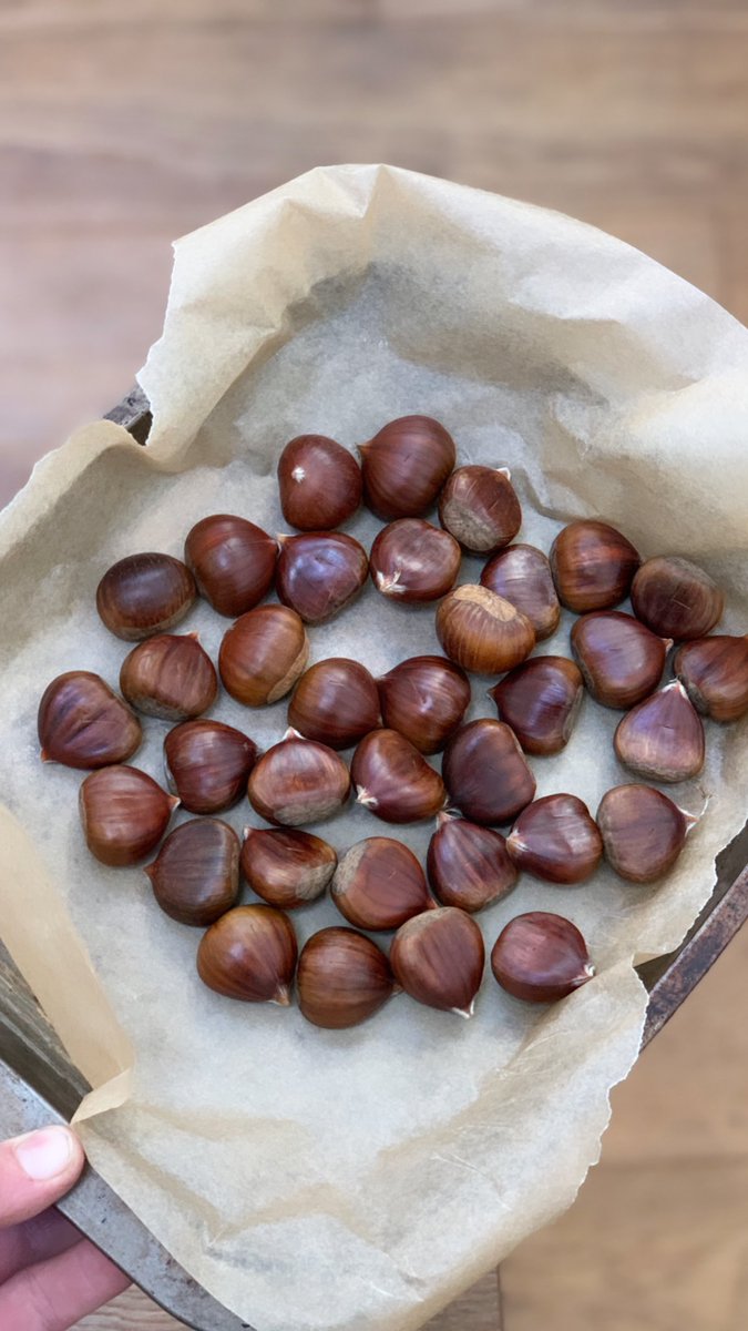 Chestnuts roasting in prep for our Halloween pumpkin and chestnut soup. For the recipe follow butterwouldntmelt.com/2016/11/24/pum…