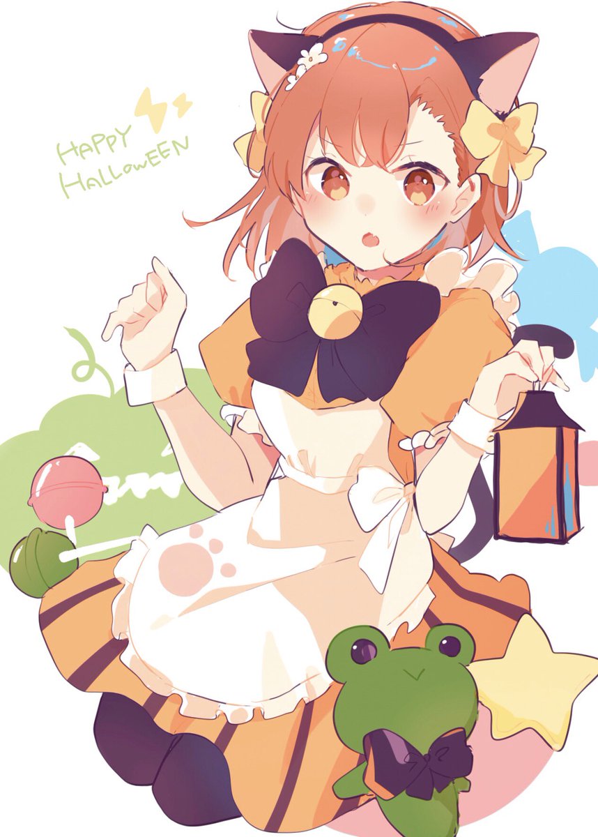 misaka mikoto 1girl animal ears orange dress bow apron solo cat ears  illustration images