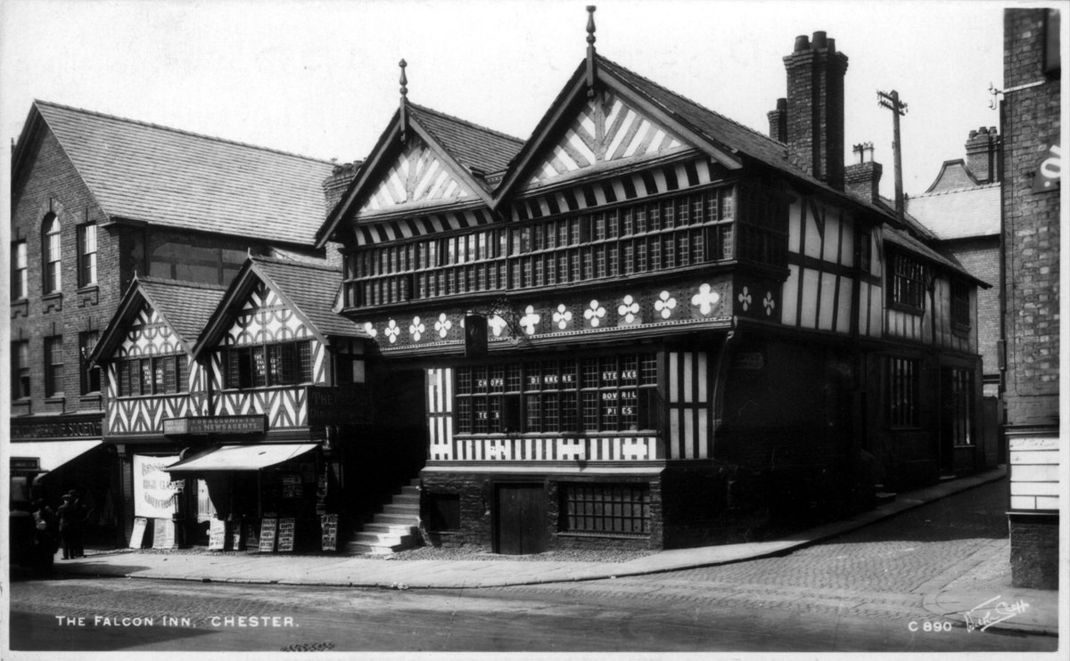 CheshireRO's tweet photo. The Falcon Inn was originally the town house of the Grosvenor family, but is now said to be home to the ghost of a former maidservant who causes glasses and beer mats to be thrown around the pub⦠#Halloween #Spooky #HauntedChester https://t.co/mq2CxvLUx2